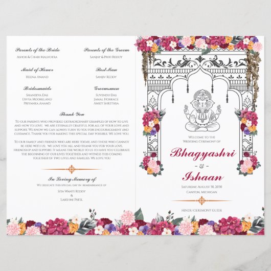 Floral Hindu Trouwceremonie Gevouwen Programma (Voorkant)