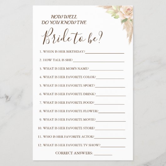 Floral Hoe goed ken je de bride game card? Flyer (Voorkant)