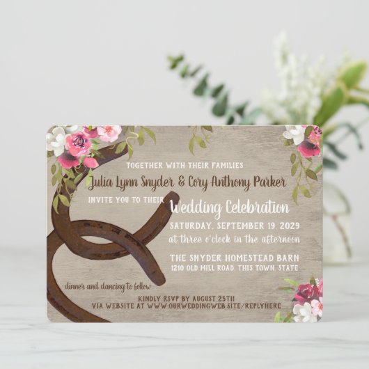 Floral Hoefijzers Rustic Wedding Kaart (Staand voorkant)