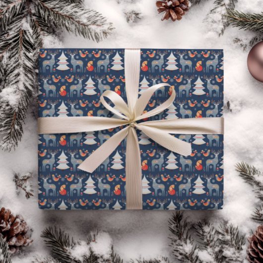 Floral Holiday Blue Nordic Deer Cadeaupapier