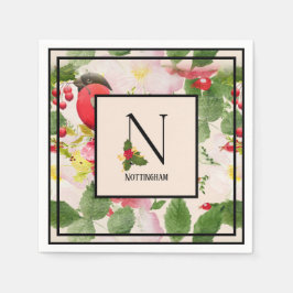 Floral Holiday Monogram Letter N Familienaam Paper Servet