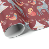 Floral Holiday Red Nordic Reindeer Kerstboom Cadeaupapier (Rol Hoek)