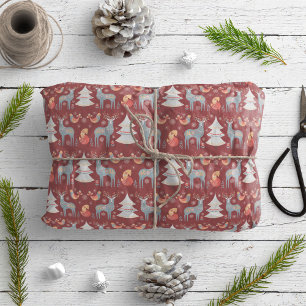 Floral Holiday Red Nordic Reindeer Kerstboom Cadeaupapier