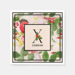 Floral Holly Monogram Letter X Familienaam Papier Servet