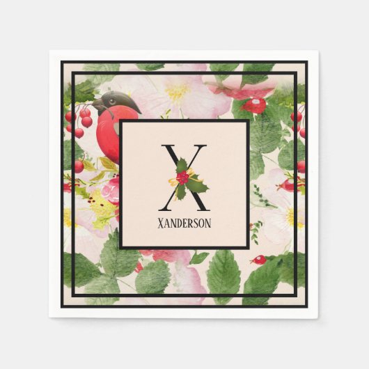 Floral Holly Monogram Letter X Familienaam Papier  Servet (Voorkant)