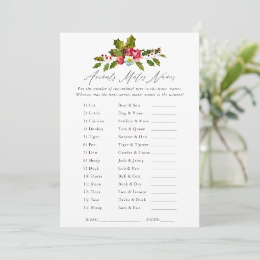 Floral Holly Vrijgezellenfeest Game Kaart (Staand voorkant)