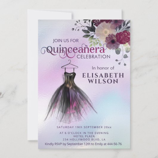 Floral holografisch schattig jurk Quinceañera Kaart (Voorkant)