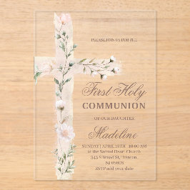 floral Holy cross First Communion Acryl Uitnodigingen