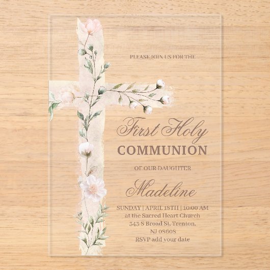 floral Holy cross First Communion Acryl Uitnodigingen (Voorkant)