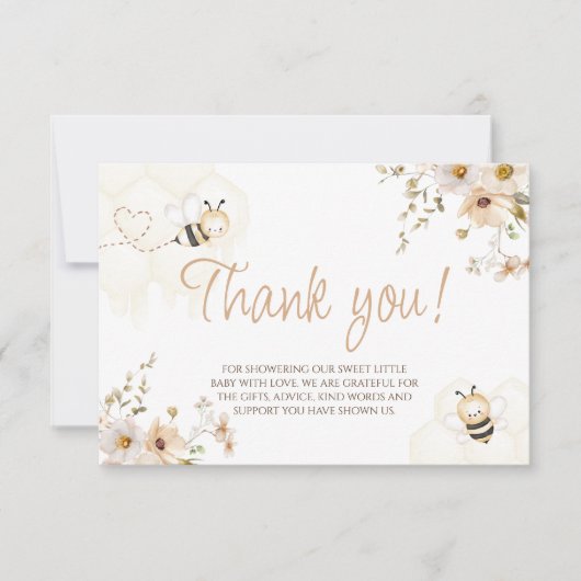 Floral Honey Bee Baby shower Dank u kaart (Voorkant)