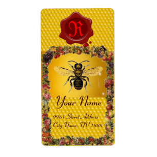 FLORAL HONEY BEE, BEEKEEPER, RED WAX SEAL MONOGRAM ETIKET
