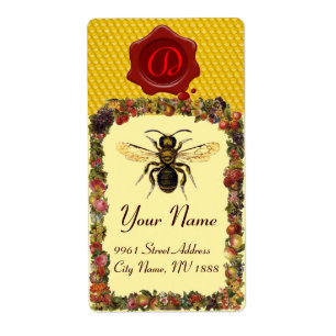 FLORAL HONEY BEE, BEEKEEPER, RED WAX SEAL MONOGRAM ETIKET