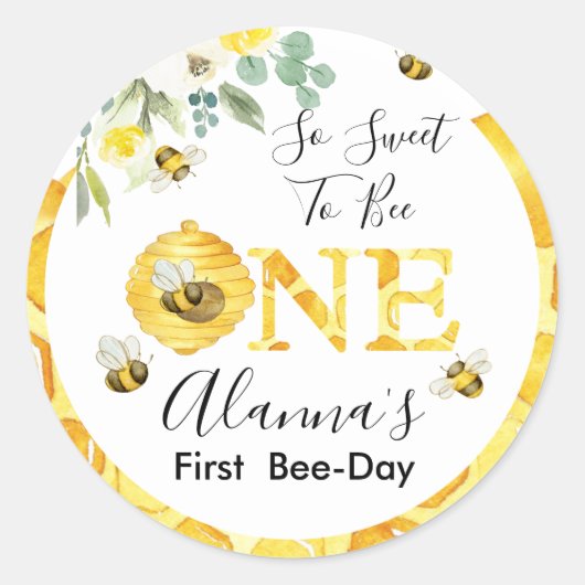 Floral Honey bee First Bee day Birthday Favor Ronde Sticker (Voorkant)