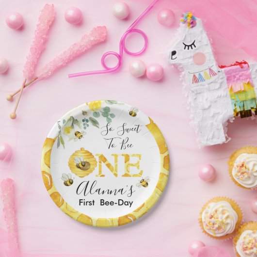 Floral Honey Bee First Bee Day Birthday Papieren Bordje (Feest)