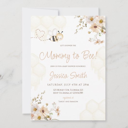 Floral Honey Bumble Bee Baby shower Kaart (Voorkant)