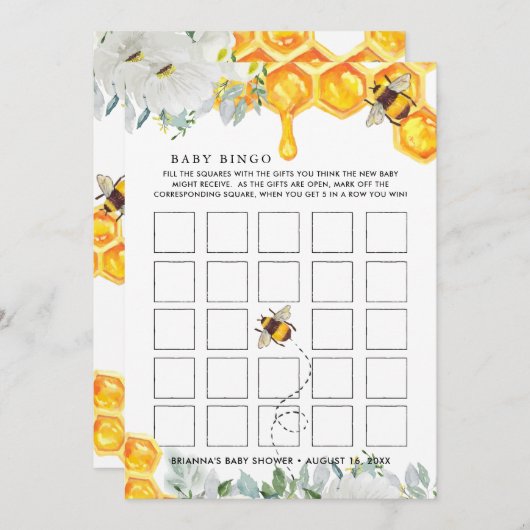Floral Honeycomb | Bee Baby shower Bingo Kaart (Voorkant / Achterkant)