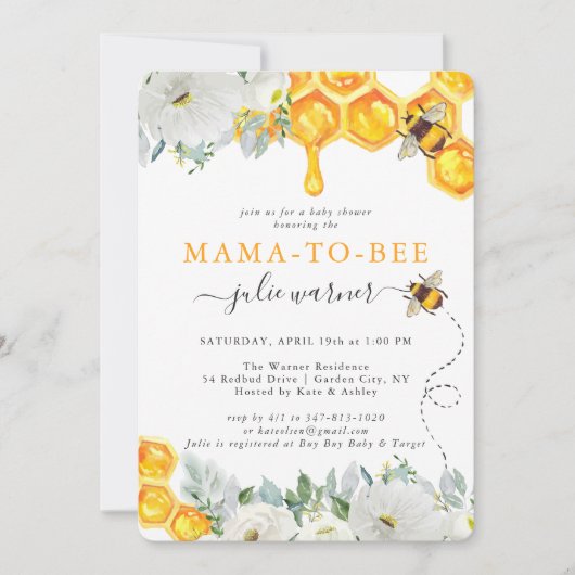 Floral Honeycomb Bumble Bee Baby shower Invitation (Voorkant)