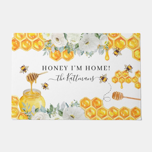 Floral Honeycomb Bumble Bee | Monogram Deurmat (Voorkant)