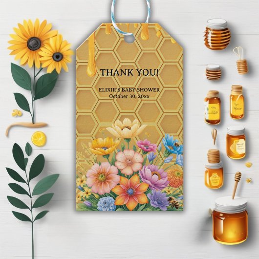 Floral Honeycomb Honingbij Honey Drip Baby shower Cadeaulabel