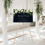 Floral Horizontal Rehearsal Welkomstbord Poster<br><div class="desc">Dit horizontale pleidooi voor een bloemrijke repetitie is perfect voor een rustige trouwrepetitie. Het ontwerp is voorzien van elegante waterverf witte pinda's met een groen blad op een donkerblauwe achtergrond.</div>