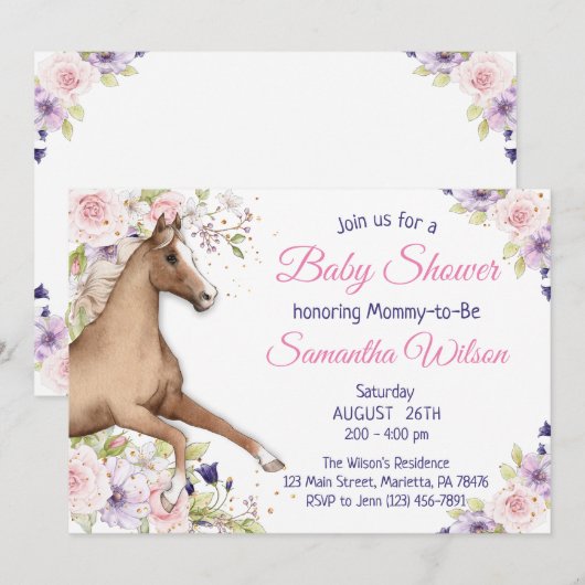 Floral Horse Baby shower Party Kaart (Voorkant / Achterkant)