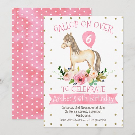 Floral Horse Birthday Party Invitation Kaart (Voorkant / Achterkant)