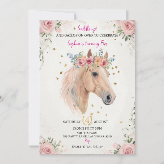 Floral Horse Kids Birthday Invite Template Kaart (Voorkant)