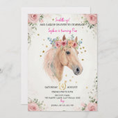 Floral Horse Kids Birthday Invite Template Kaart (Voorkant / Achterkant)