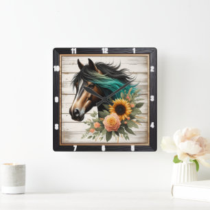 Floral Horse Rustic Vierkante Klok