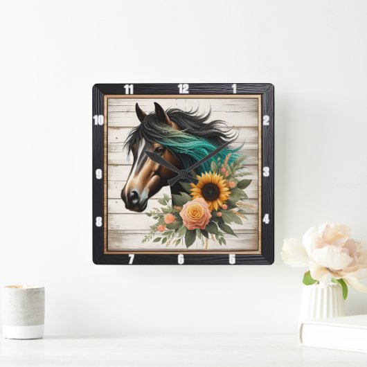 Floral Horse Rustic Vierkante Klok (Huis)