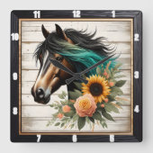 Floral Horse Rustic Vierkante Klok (Voorkant)