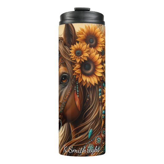 Floral Horse Sunflower Feather Adornment Thermosbeker (Voorkant)