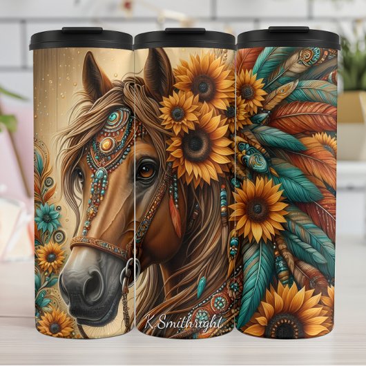 Floral Horse Sunflower Feather Adornment Thermosbeker
