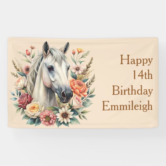 Floral Horse Teen Girl Verjaardag Spandoek (Horizontaal)