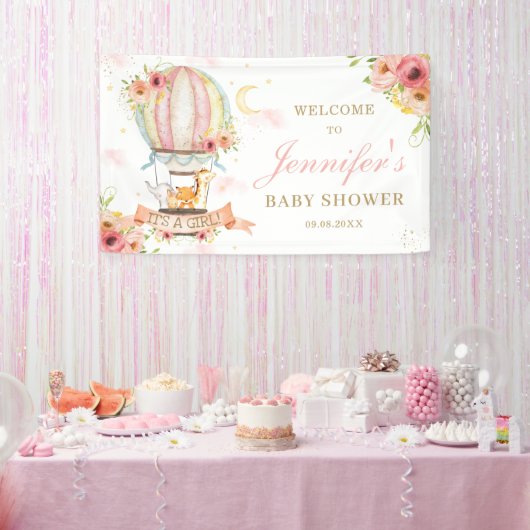 Floral Hot Air Ballon Animal Baby shower Backdrop Spandoek (Feest)