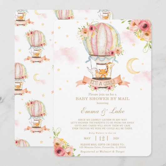 Floral Hot Air Ballon Animals Baby shower per post Kaart (Voorkant / Achterkant)