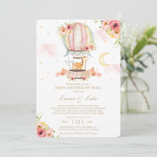 Floral Hot Air Ballon Animals Baby shower per post Kaart (Staand voorkant)
