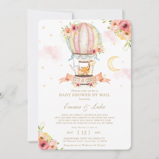 Floral Hot Air Ballon Animals Baby shower per post Kaart (Voorkant)