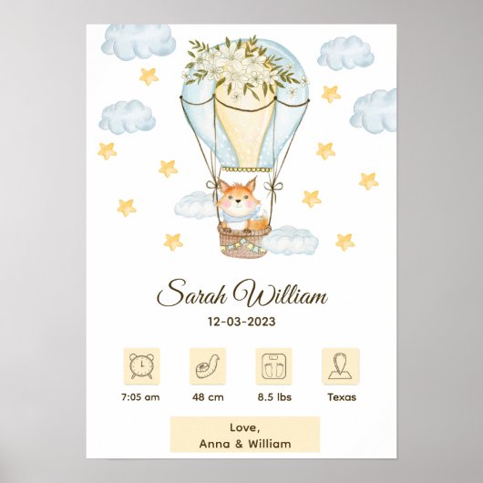Floral Hot Air Ballon Baby Fox Birth Stats Poster (Voorkant)