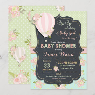 Floral Hot Air Ballon Baby shower Invitation Girl Kaart
