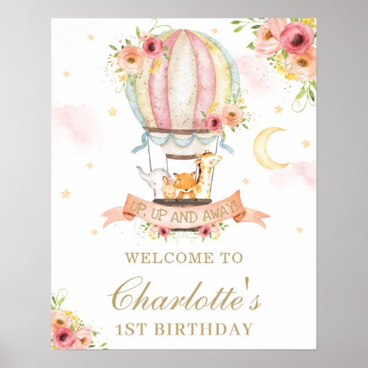Floral Hot Air Ballon Birthday Animals Welkom Poster (Voorkant)