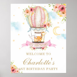 Floral Hot Air Ballon Birthday Animals Welkom Poster