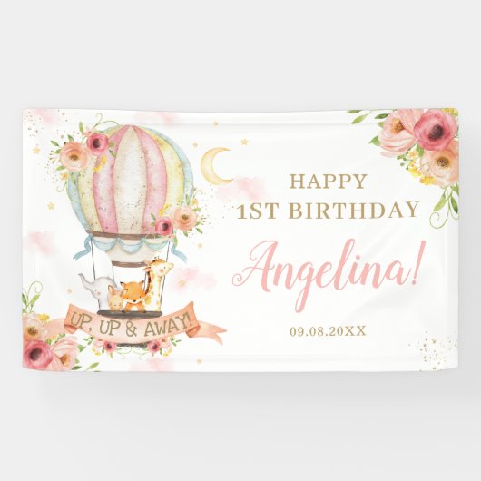 Floral Hot Air Ballon Birthday Backdrop Spandoek (Horizontaal)