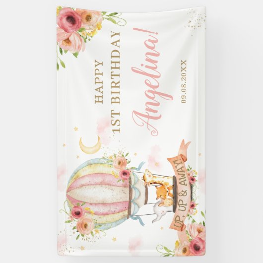 Floral Hot Air Ballon Birthday Backdrop Spandoek (Verticaal)