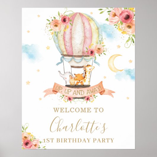 Floral Hot Air Ballon Birthday Welkom Poster (Voorkant)