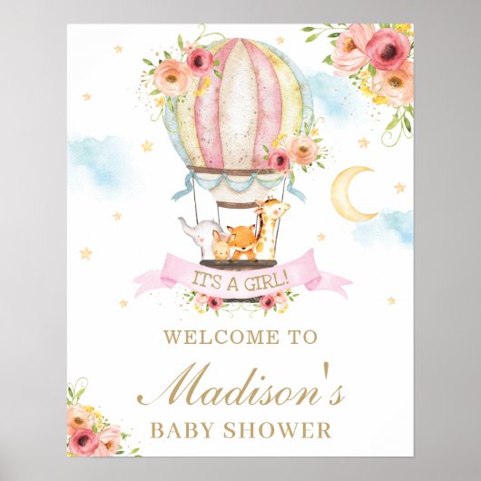 Floral Hot Air Balloon Baby showers Welkom Poster (Voorkant)
