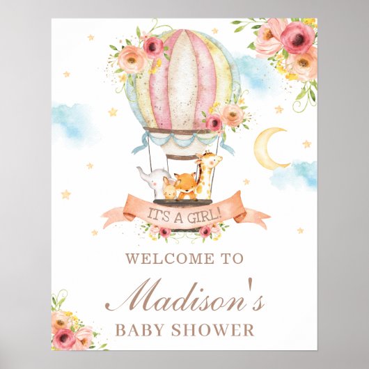 Floral Hot Air Balloon Baby showers Welkom Poster (Voorkant)