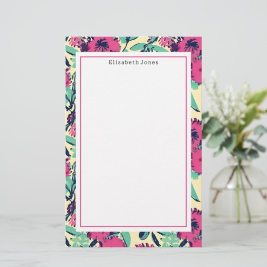 Floral Hot Pink Briefpapier (Staand voorkant)