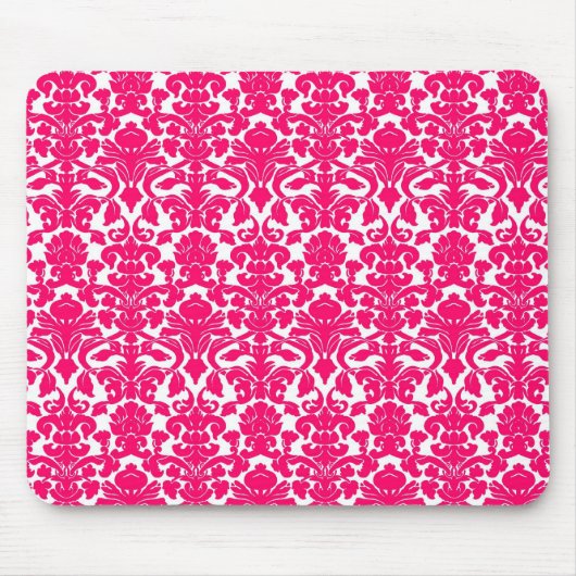   Floral Hot Pink Damask Mousepad Muismat (Voorkant)