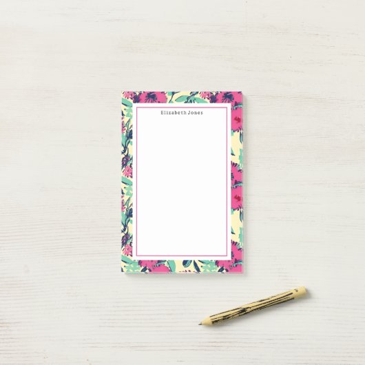 Floral Hot Pink Patroon Post-it® Notes (Op bureau)